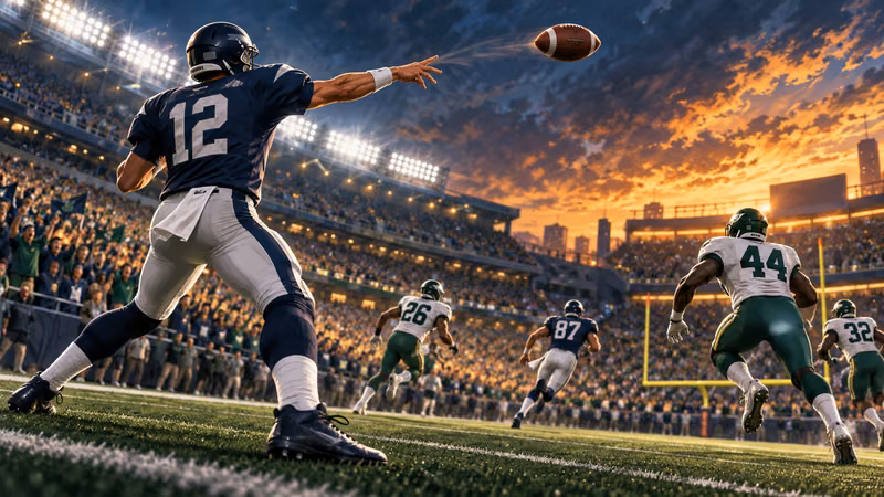 An illustrated quarterback throws downfield during a football game.