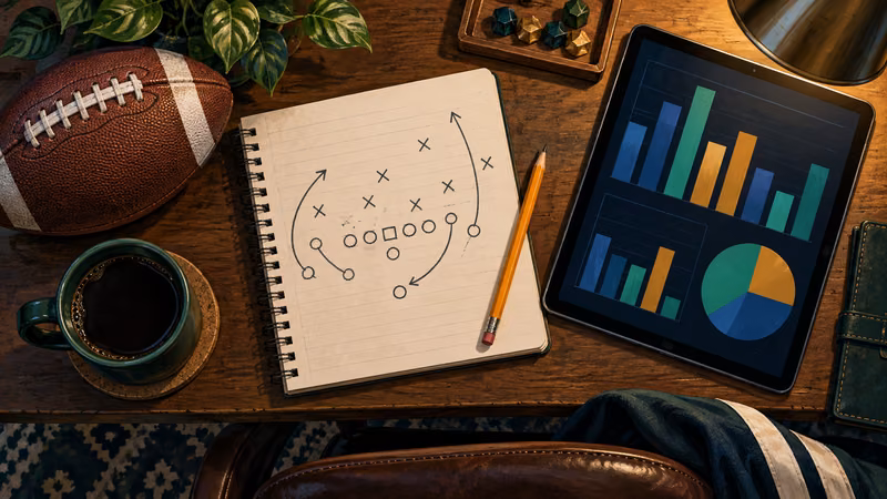 A football, playbook notebook, and tablet with charts on a desk.