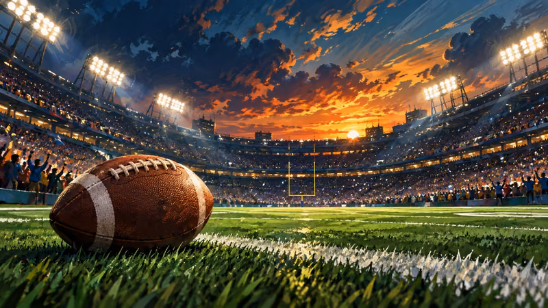 A football on green turf beneath stadium lights and a dramatic sunset.